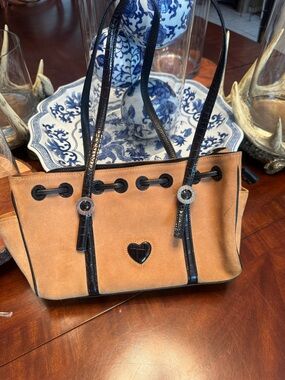 Brighton Tan Suede Shoulder Bag with Black Trim and Heart Accent